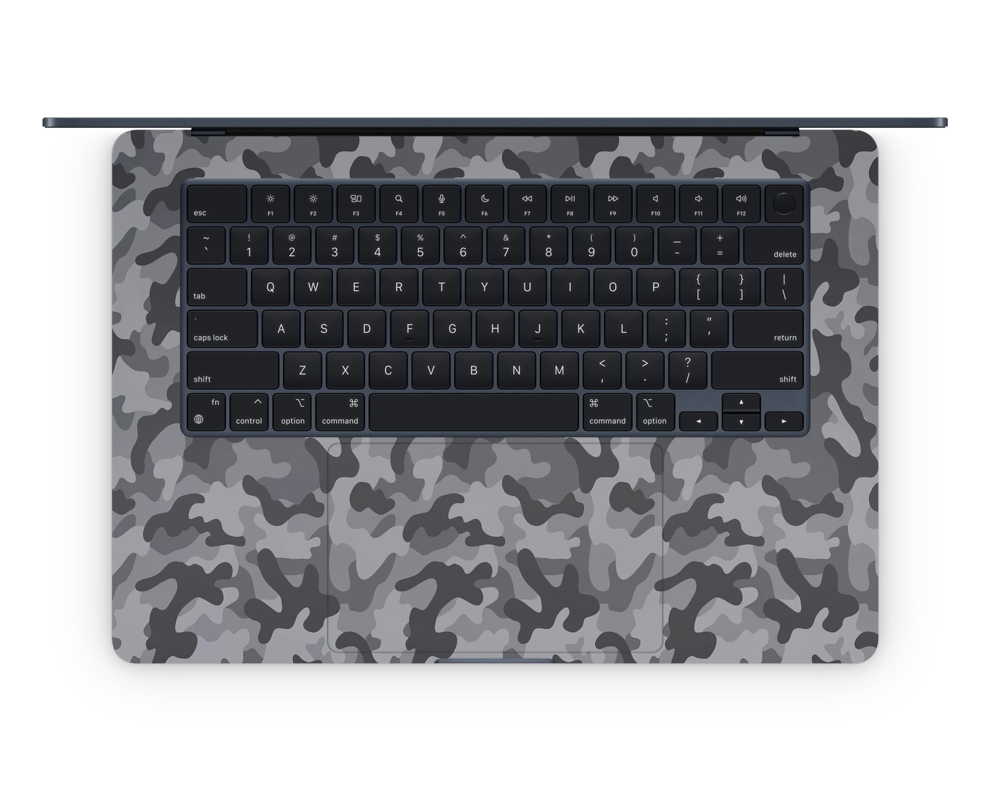 Close-up view of a Camo pattern MacBook skin sticker decal, featuring a classic camouflage design in shades of green, brown, and black