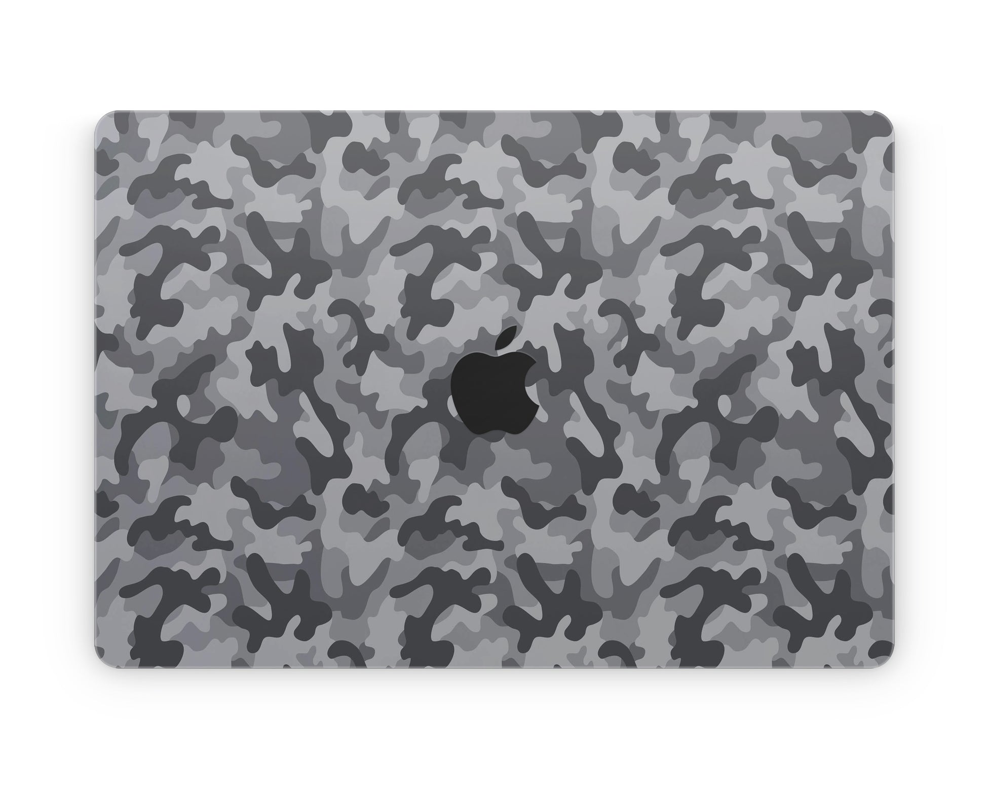 Close-up view of a Camo pattern MacBook skin sticker decal, featuring a classic camouflage design in shades of green, brown, and black