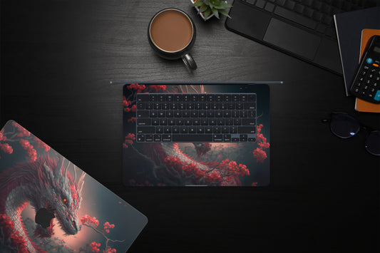 Close-up view of a Dragon design MacBook skin sticker decal, featuring a majestic dragon illustration with intricate scales, fiery breath, and a fierce gaze.