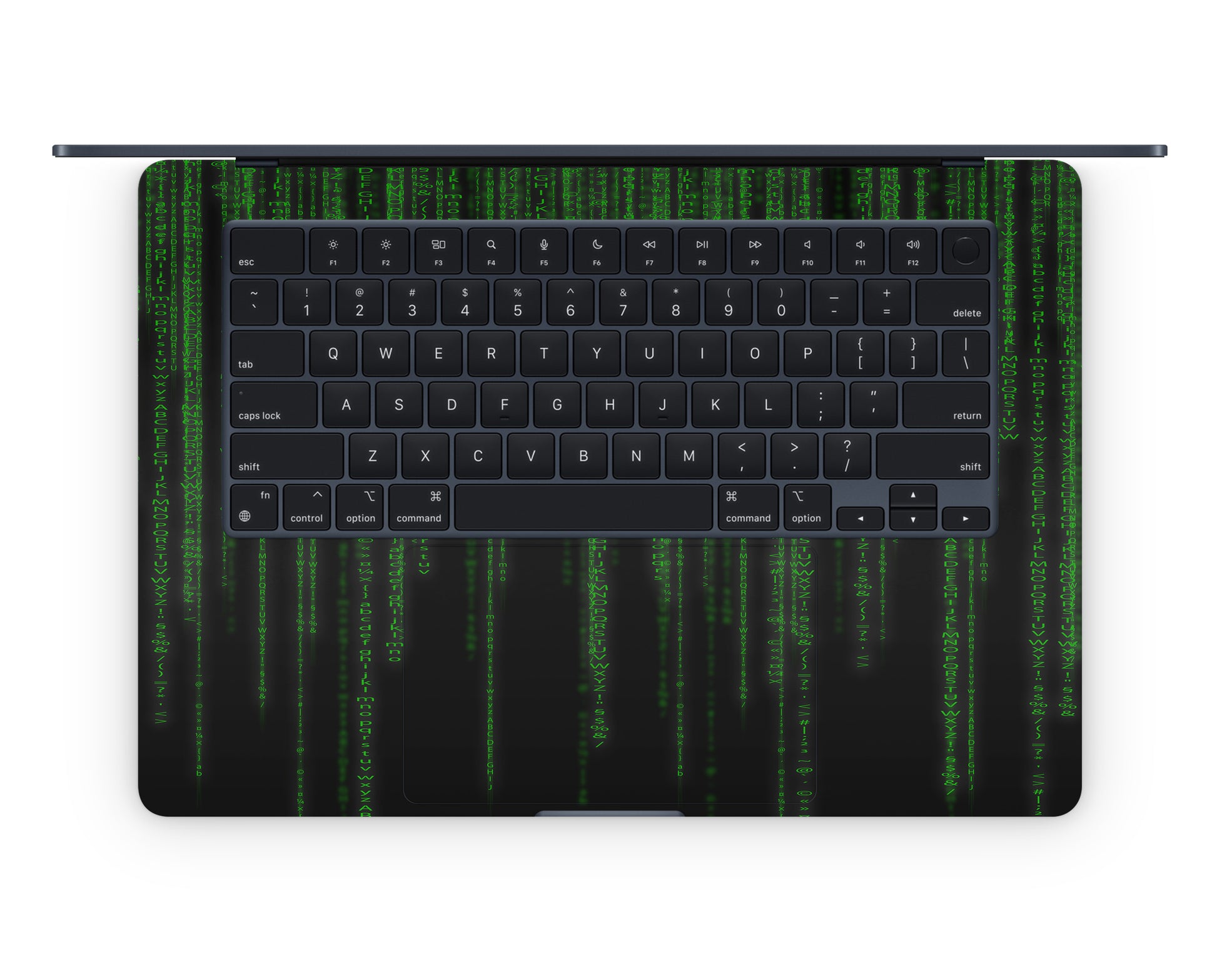 Close-up view of a Matrix design MacBook skin decal, featuring a sleek and intricate digital-inspired pattern with geometric shapes and lines.