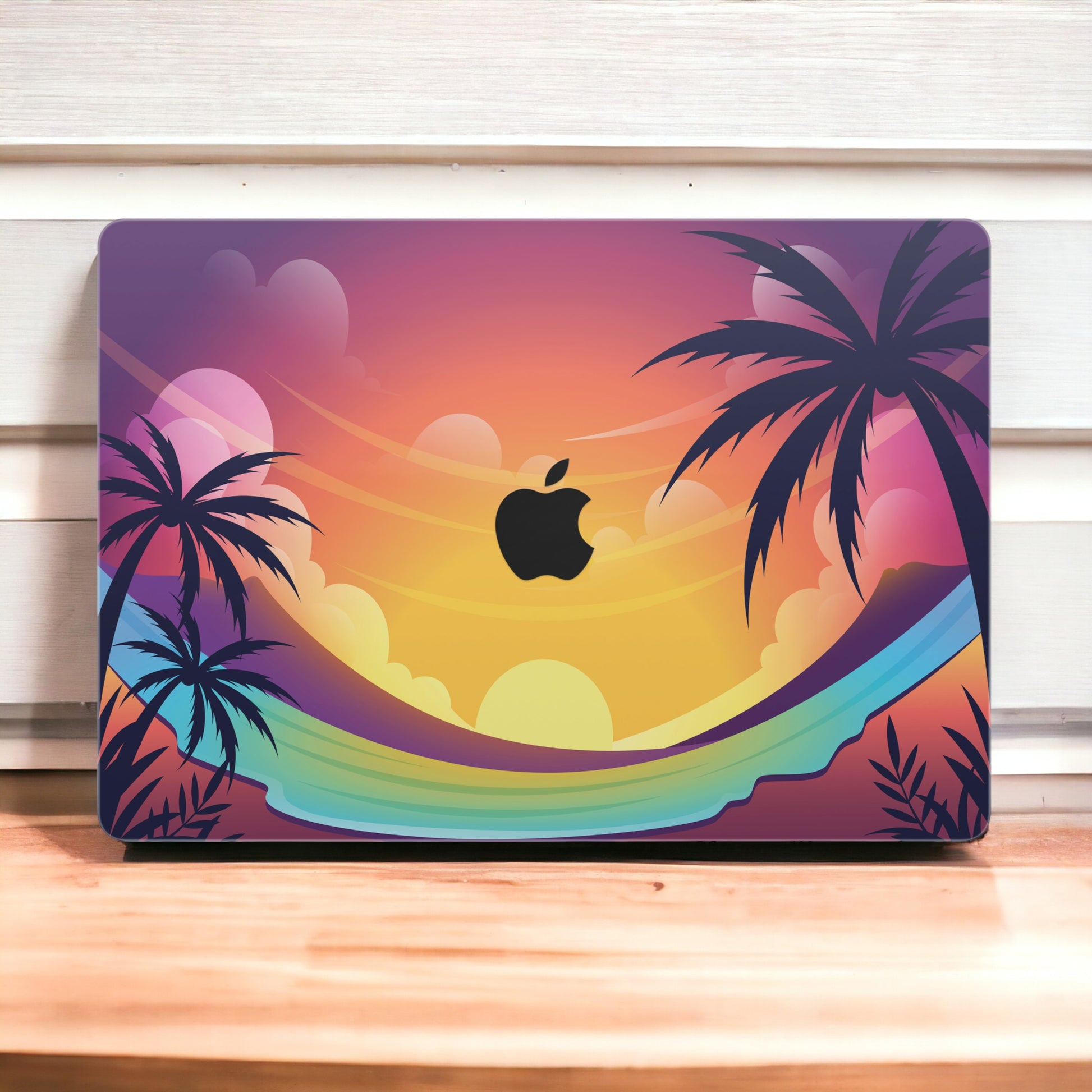 Close-up view of a Sunset Theme Dragon design MacBook skin sticker decal, featuring a majestic dragon against a backdrop of vibrant sunset colors, with fiery hues blending into the sky.