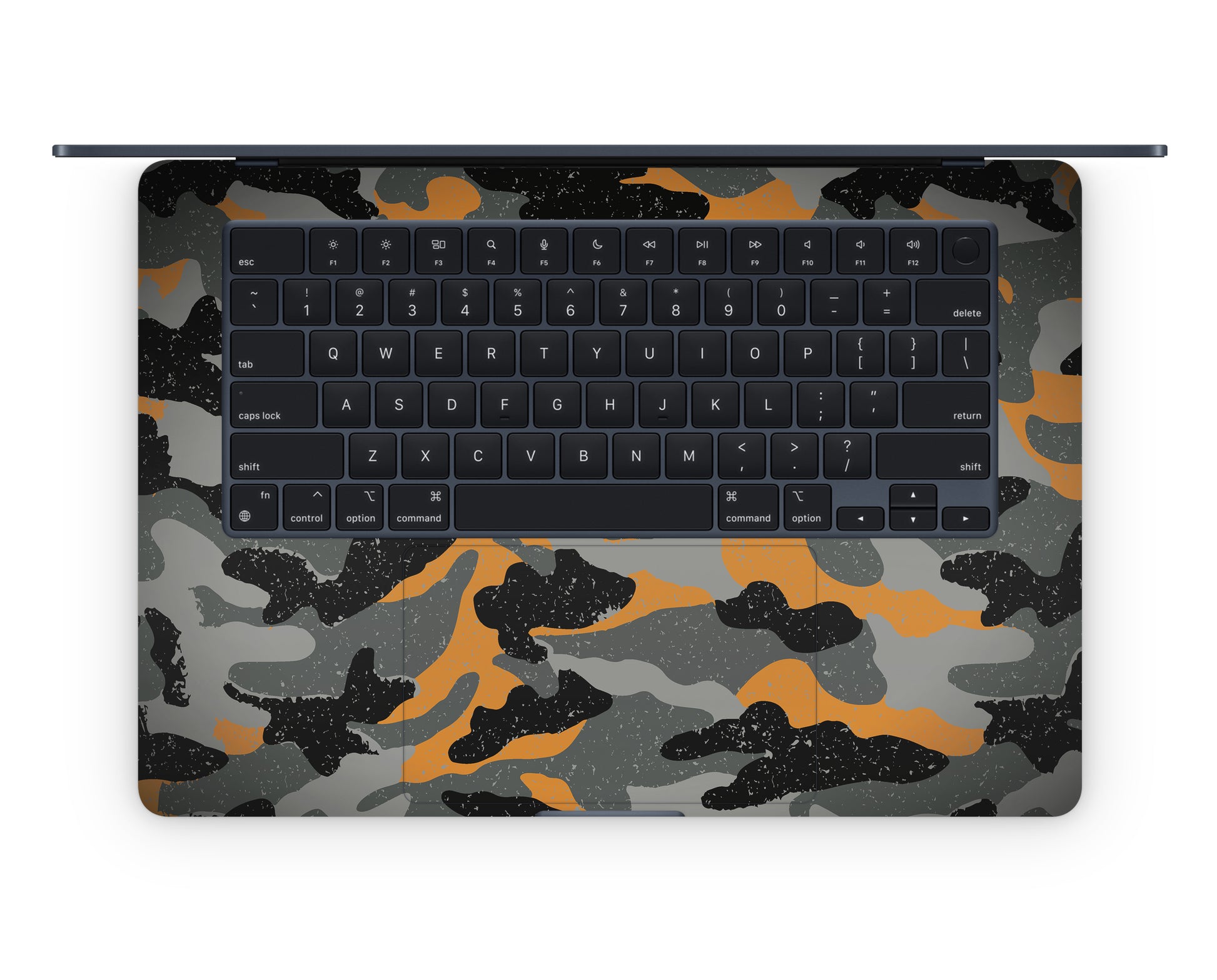 Close-up view of a Camo pattern MacBook skin sticker decal, featuring a classic camouflage design in shades of green, brown, and black