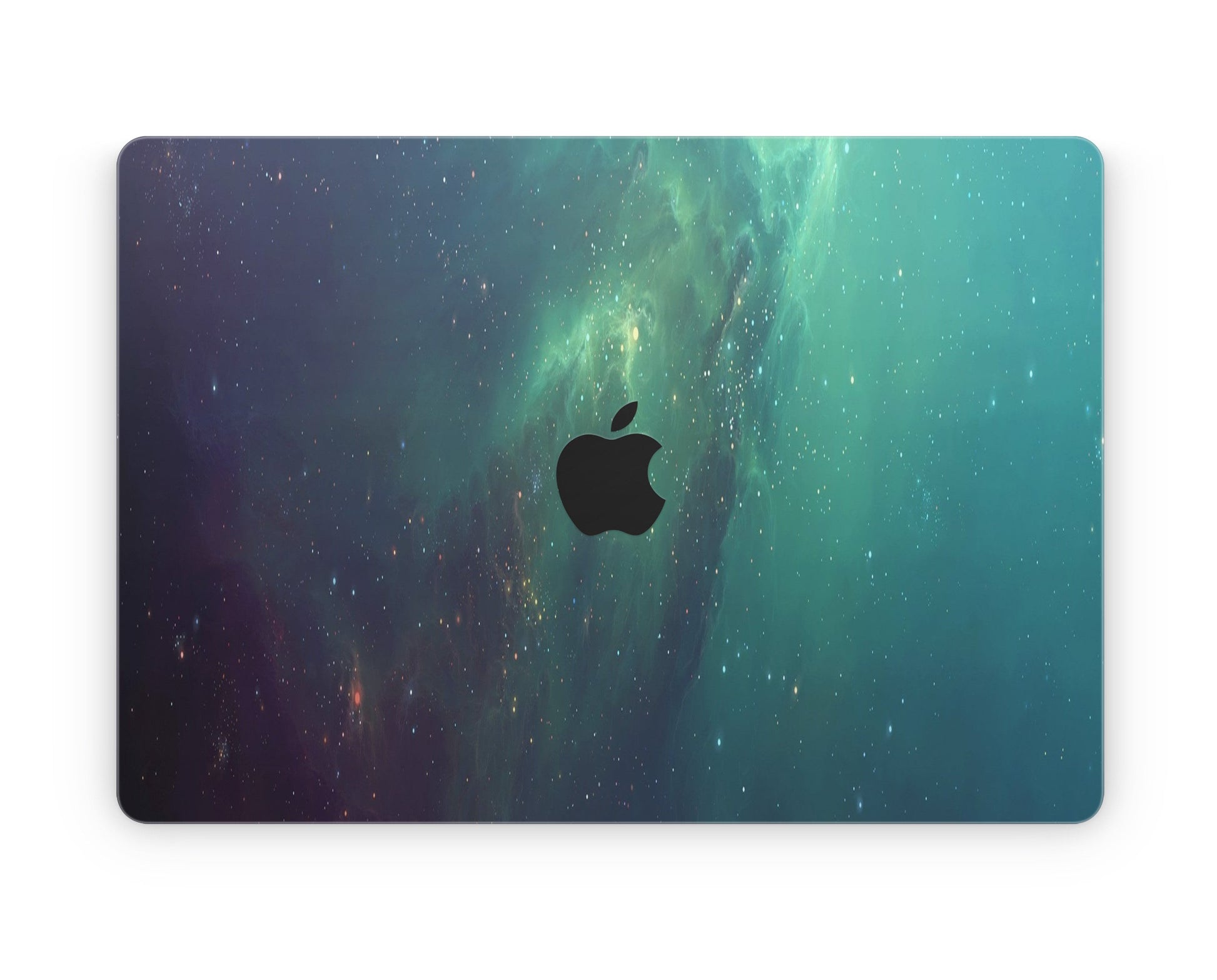 Close-up view of a Nebula Green Stars MacBook skin decal, featuring a vivid green nebula with shimmering stars scattered throughout, creating a celestial and enchanting scene.