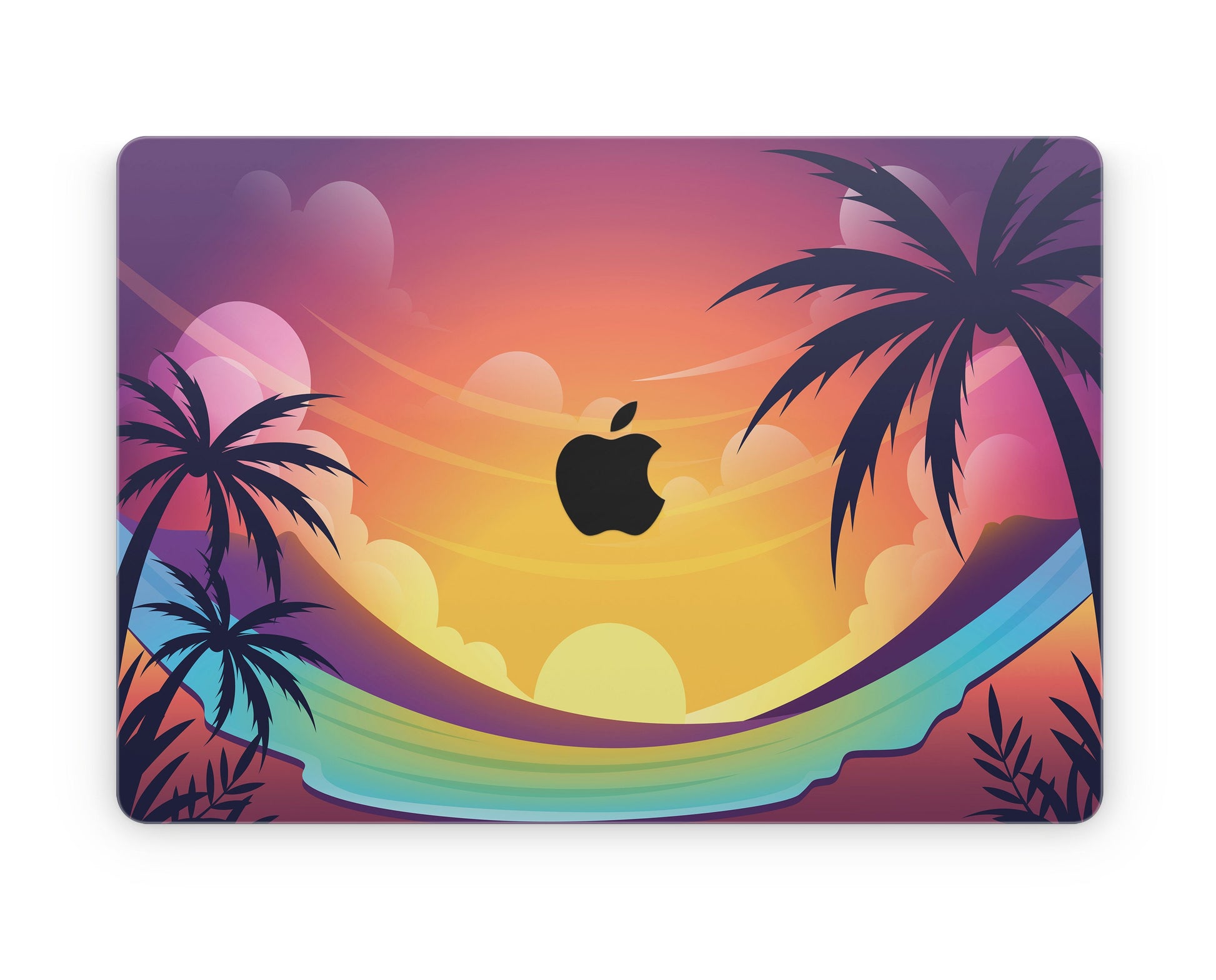 Close-up view of a Sunset Theme Dragon design MacBook skin sticker decal, featuring a majestic dragon against a backdrop of vibrant sunset colors, with fiery hues blending into the sky.