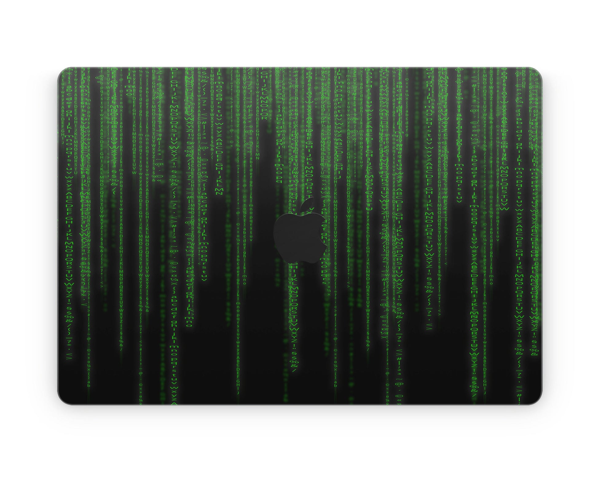 Close-up view of a Matrix design MacBook skin decal, featuring a sleek and intricate digital-inspired pattern with geometric shapes and lines.