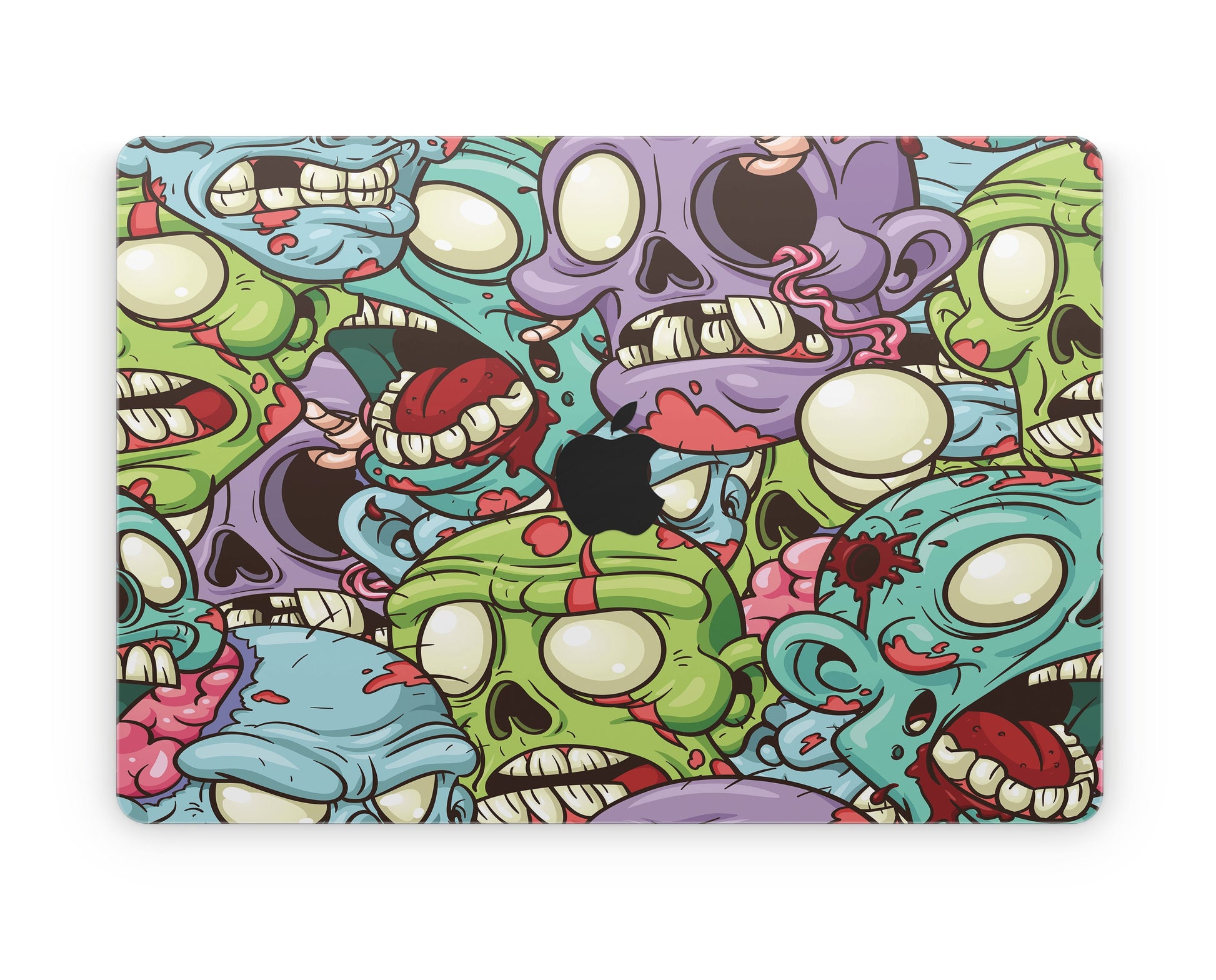 Close-up view of a Zombie design MacBook skin sticker decal, featuring a spooky zombie illustration in grayscale tones with detailed facial features and textures.