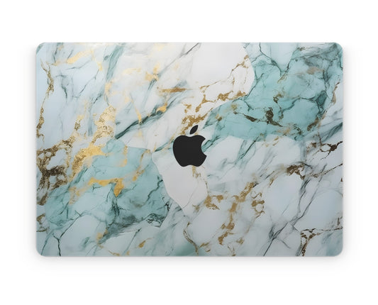 Close-up view of Marble Blue MacBook Skin Decal showcasing intricate marble patterns in shades of blue, providing a luxurious and sophisticated appearance.